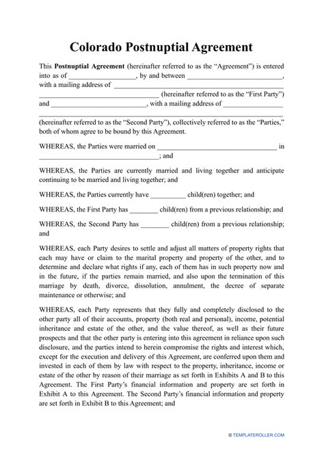 Postnuptial Agreement Colorado Template